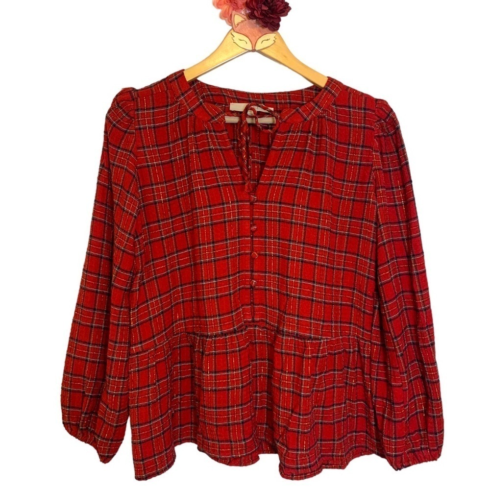 Loft blouse red metallic plaid tie split neck peplum balloon sleeve size xsmall